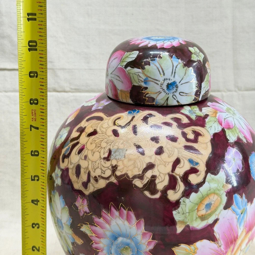 Vintage Floral Ginger Jar Oxblood Ceramic Lidded Vase Grandmillennial Decor